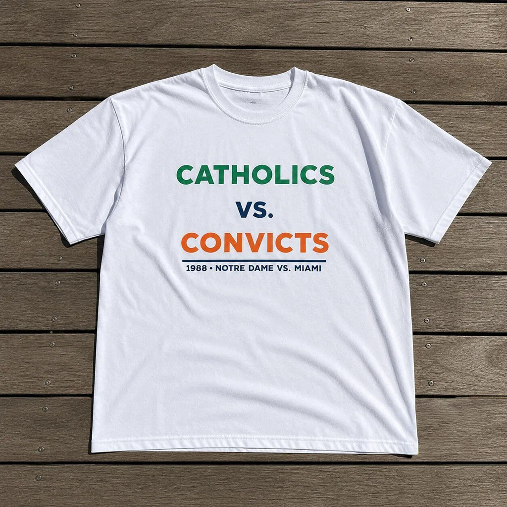 Catholics Vs Convicts Shirt White Notre Dame Fighting Irish x Miami Hurricanes Merch - Kdjoy Catholics Vs Convicts Shirt White Notre Dame Fighting Irish x Miami Hurricanes Merch - Kdjoy