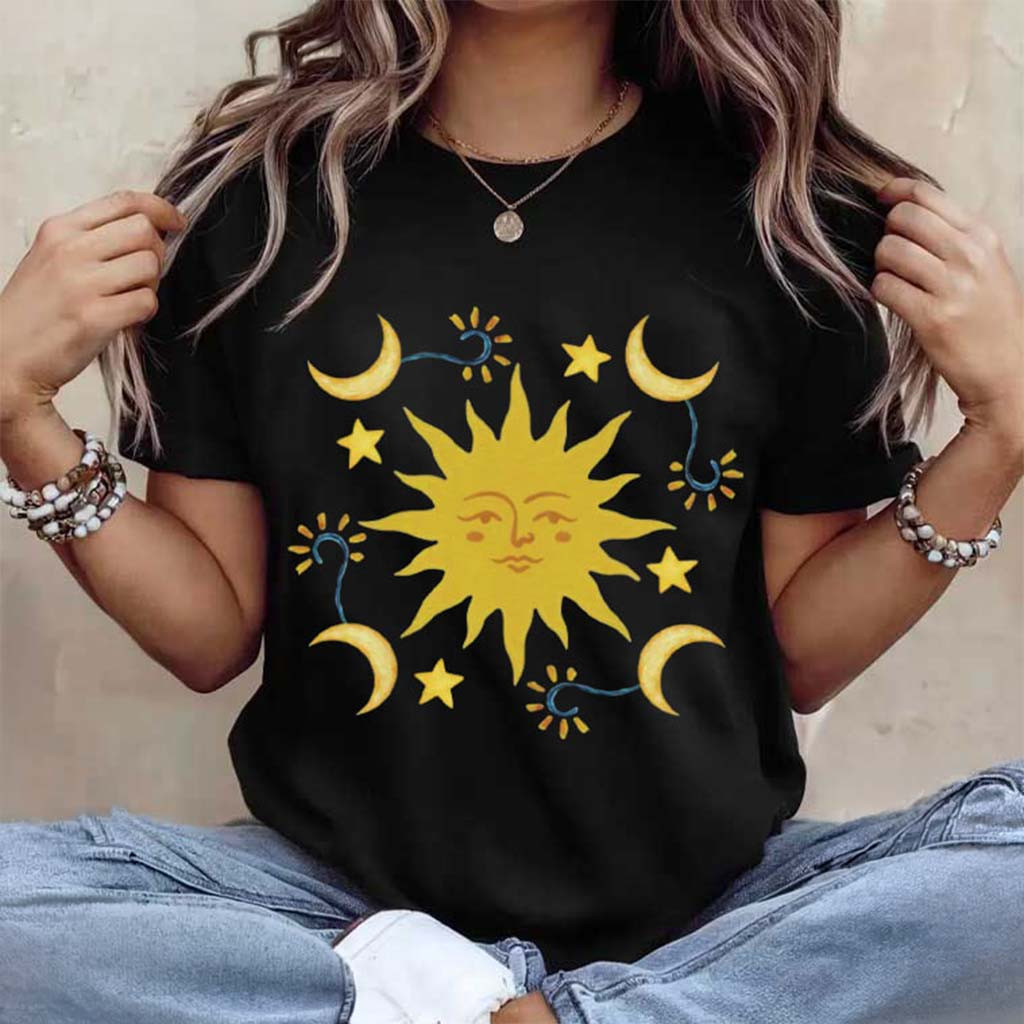 Celestial Sun With Crescent Moons Boho Mystic Graphic T-Shirt Birthday Gifts For Sisters - Kdjoy