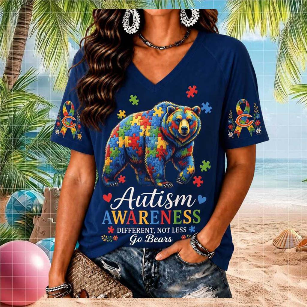 Chicago Bears Autism Awareness Different Not Less V-Neck Shirt Chicago Bears Merch Her Gifts - Kdjoy
