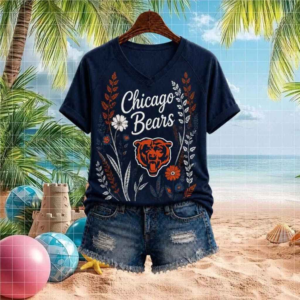 Chicago Bears Floral Mascot Graphic V-Neck Shirt Chicago Bears Merch Game Day Gifts For Her - Kdjoy