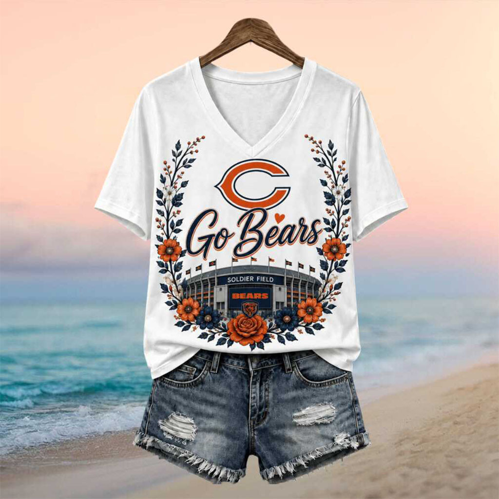Chicago Bears Football Team Soldier Field Floral Wreath V-Neck Shirt Bears Merch Fan Gifts - Kdjoy