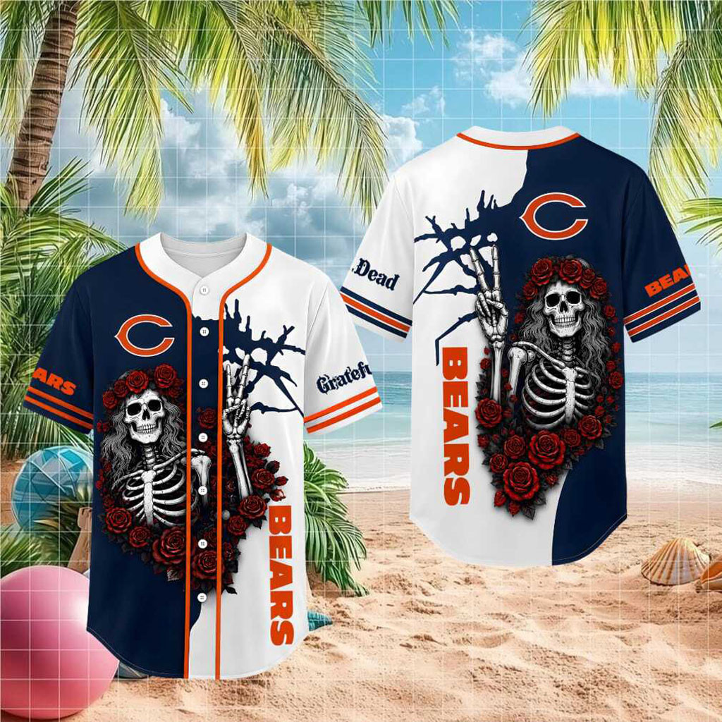 Chicago Bears Grateful Dead Skull Rose Baseball Jersey Chicago Bears Merch Gifts For Him - Kdjoy