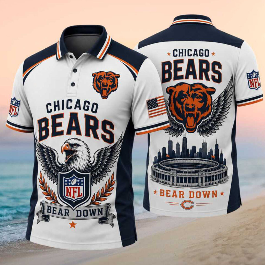 Chicago Bears Merch Bear Down Stadium Polo Shirt Gameday Clothes Gifts For Football Lovers - Kdjoy