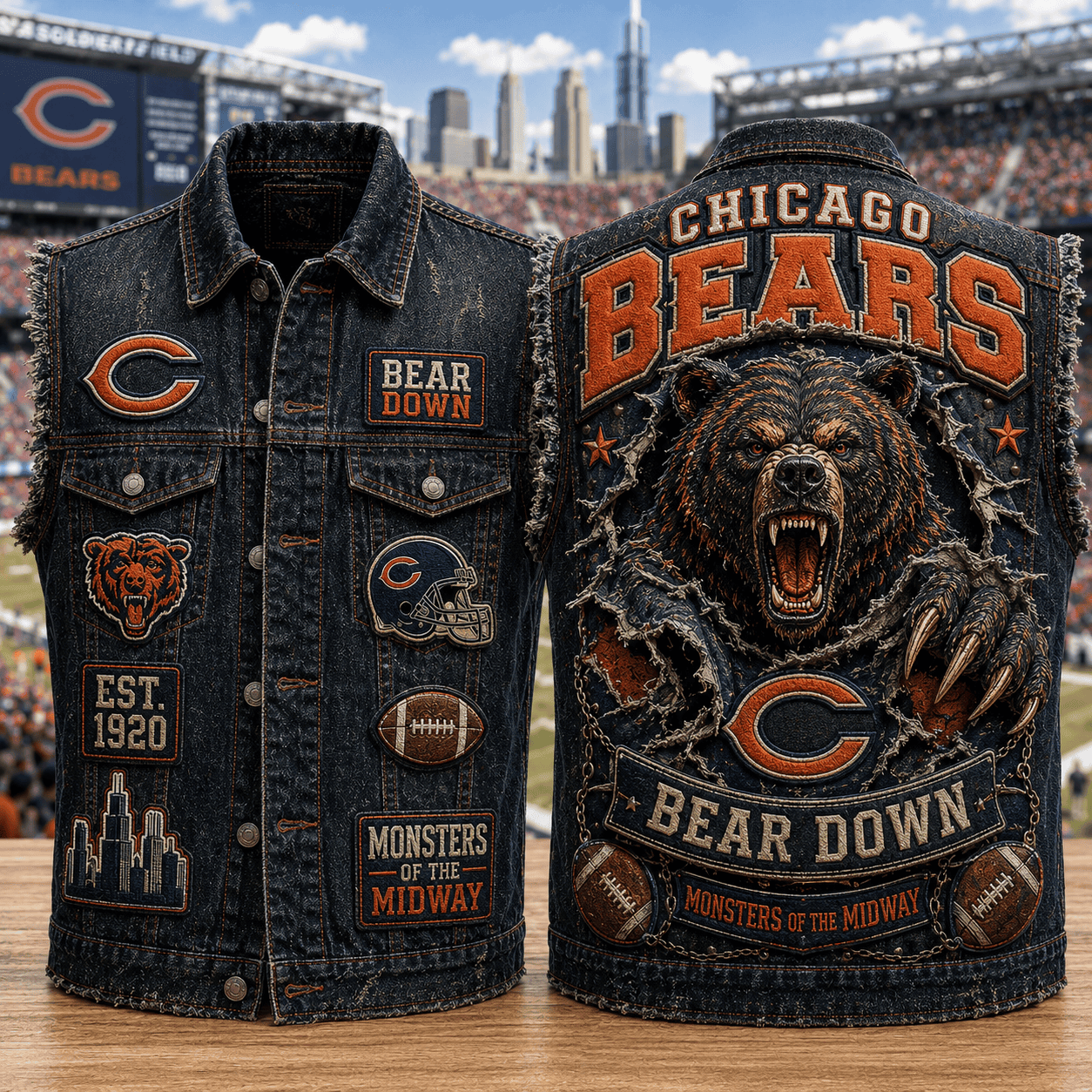 Chicago Bears Monsters Of The Midway Est 1920 Denim Vest Chicago Bears Merch Gifts For Fans - Kdjoy