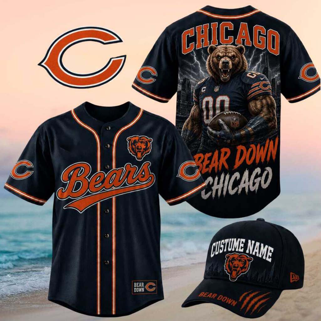 Chicago Bears Muscular Bear Mascot Bear Down Baseball Jersey Chicago Bears Merch Fan Gifts