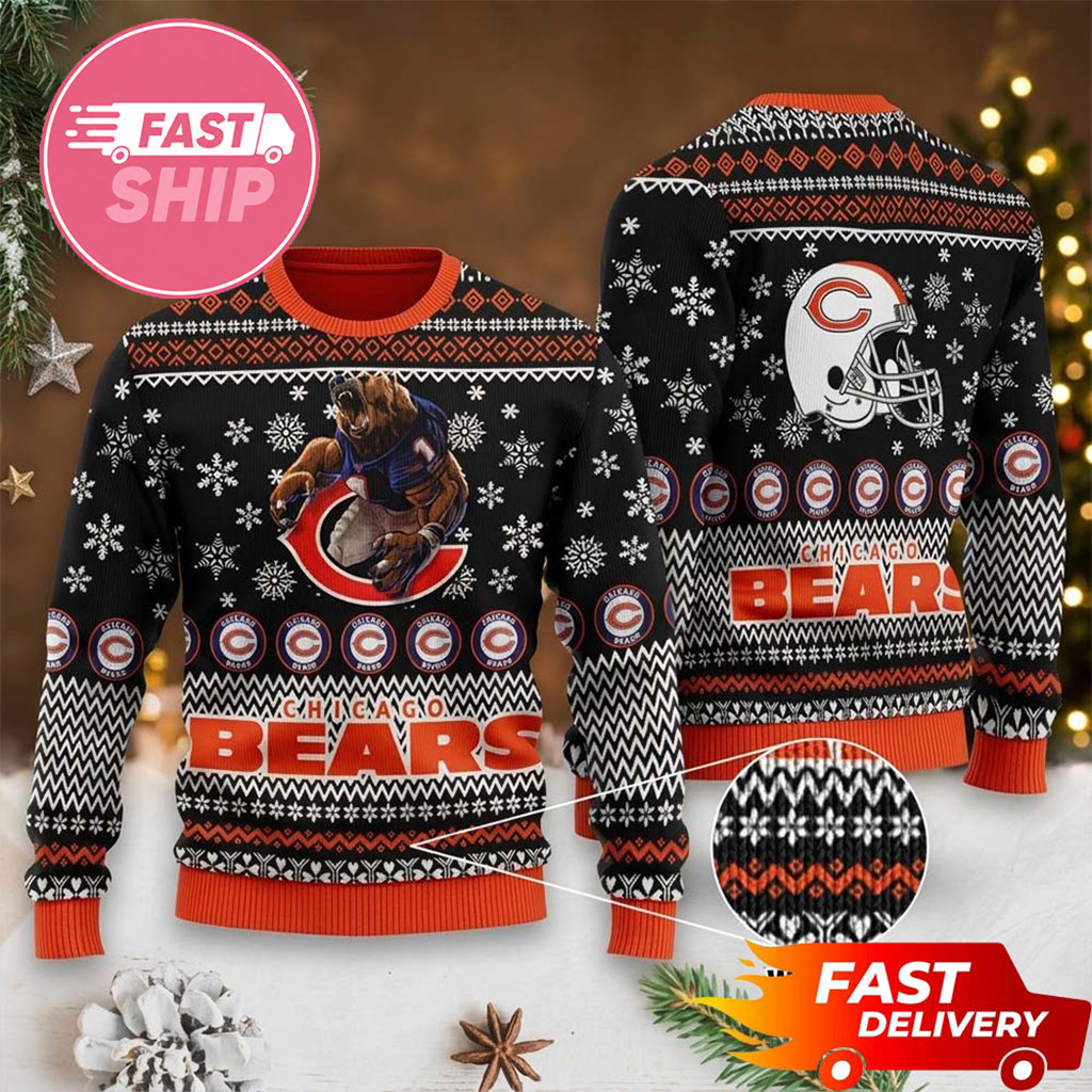 Chicago Bears Winter Wonderland Mascot Helmet Ugly Sweater Bears Merch Gifts For Football Fan - Kdjoy Chicago Bears Winter Wonderland Mascot Helmet Ugly Sweater Bears Merch Gifts For Football Fan - Kdjoy