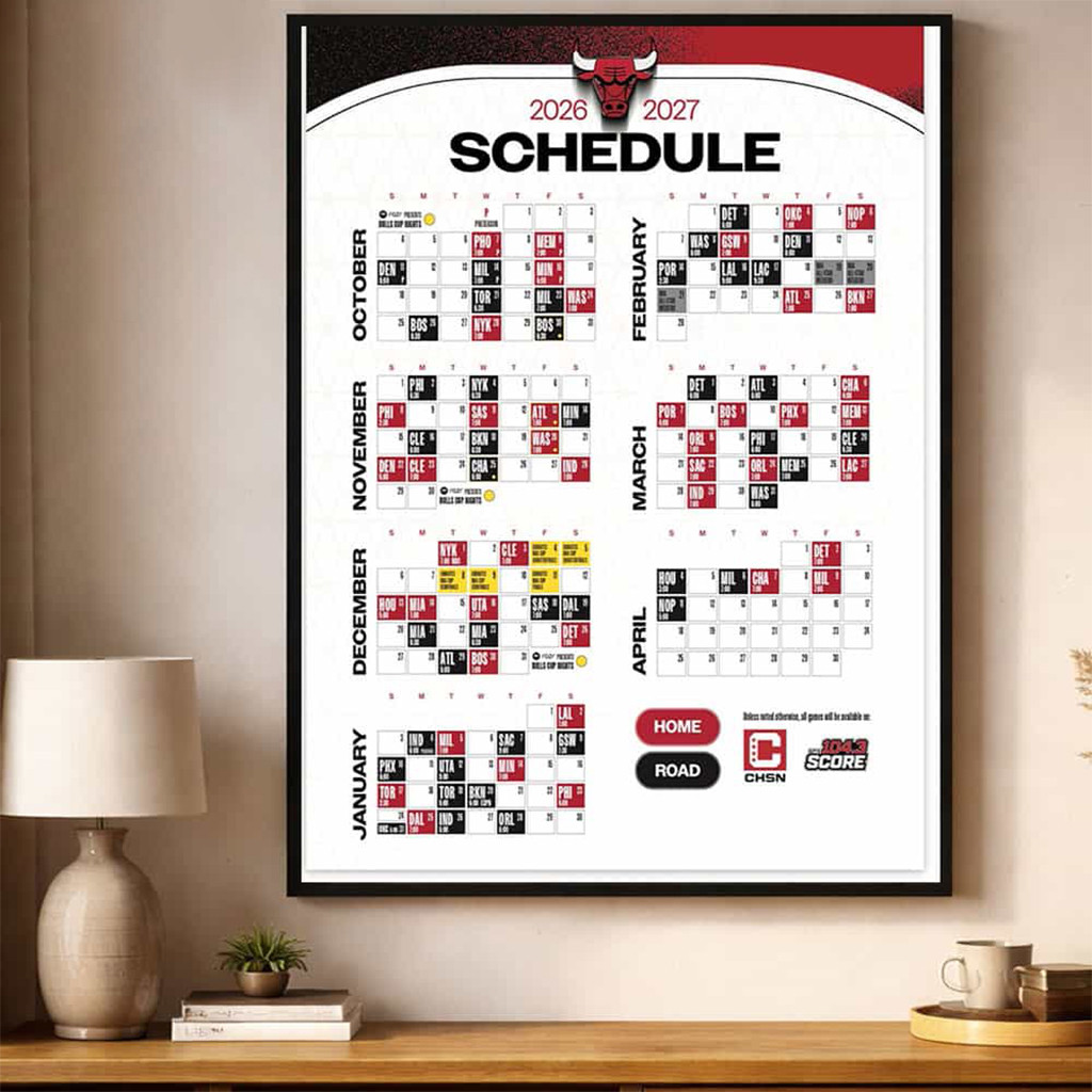 Chicago Bulls Schedule 2026 27 Season Poster Chicago Bulls Merch Wall Decor For Living Room - Kdjoy Chicago Bulls Schedule 2026 27 Season Poster Chicago Bulls Merch Wall Decor For Living Room - Kdjoy