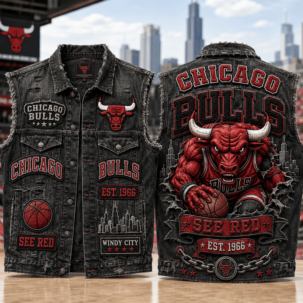 Chicago Bulls See Red Est 1966 Denim Vest Chicago Bulls Merch Cool Gift For Basketball Lovers - Kdjoy