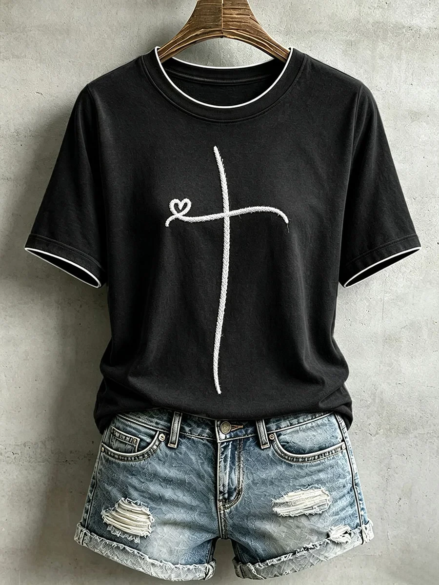 Christian Cross Heart T-Shirt Faith Based Women's Apparel Religious Gifts Ideas - Kdjoy