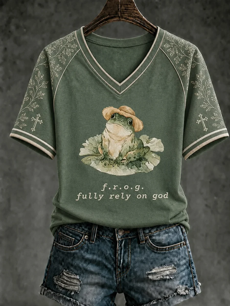 Christian Fully Rely On God Frog V-Neck Shirt Faith Apparel Gifts For Church Members - Kdjoy