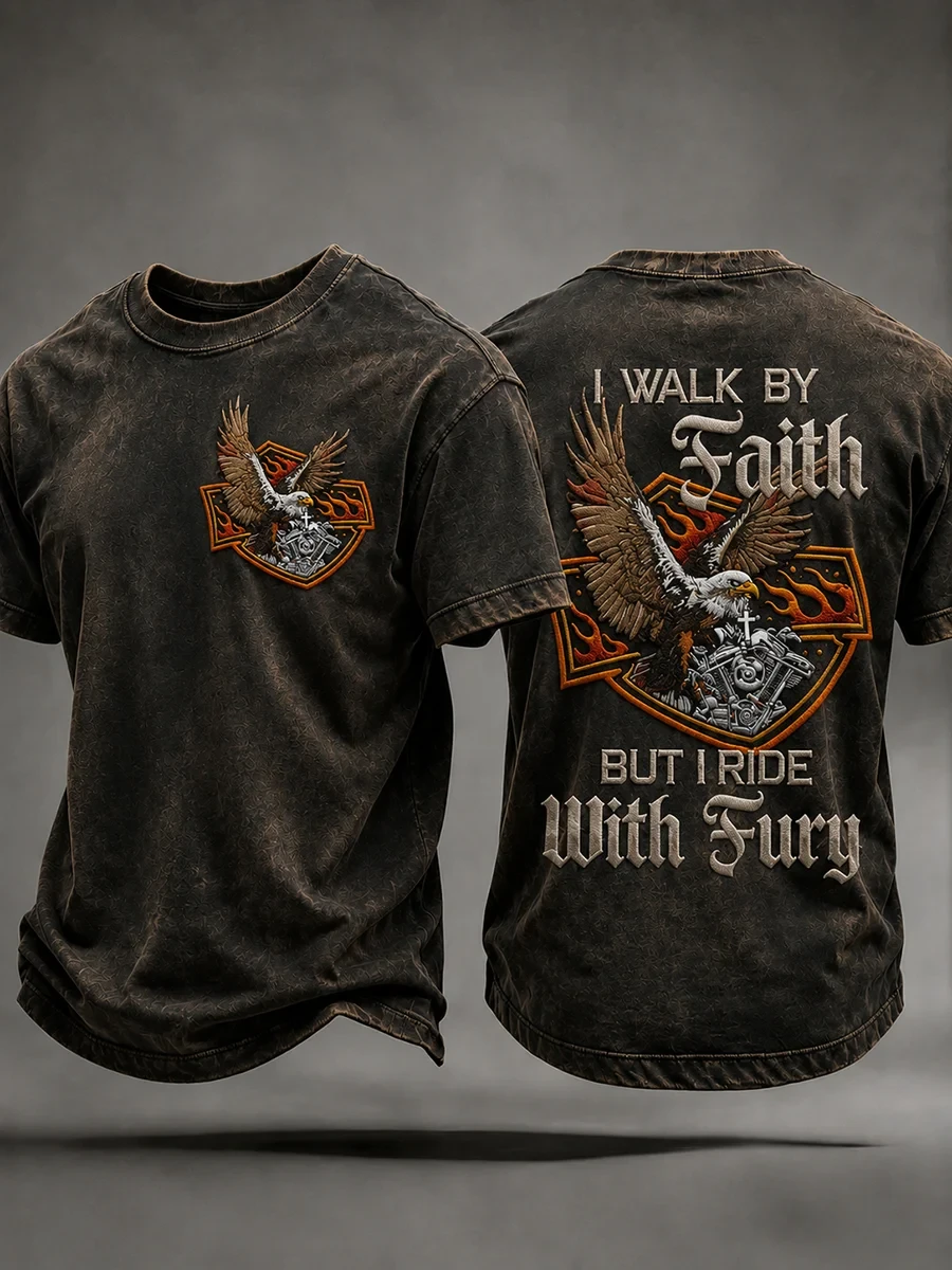 Christian Motorcycle Biker T-Shirt I Walk By Faith But I Ride With Fury Shirt Gift For Husband - Kdjoy