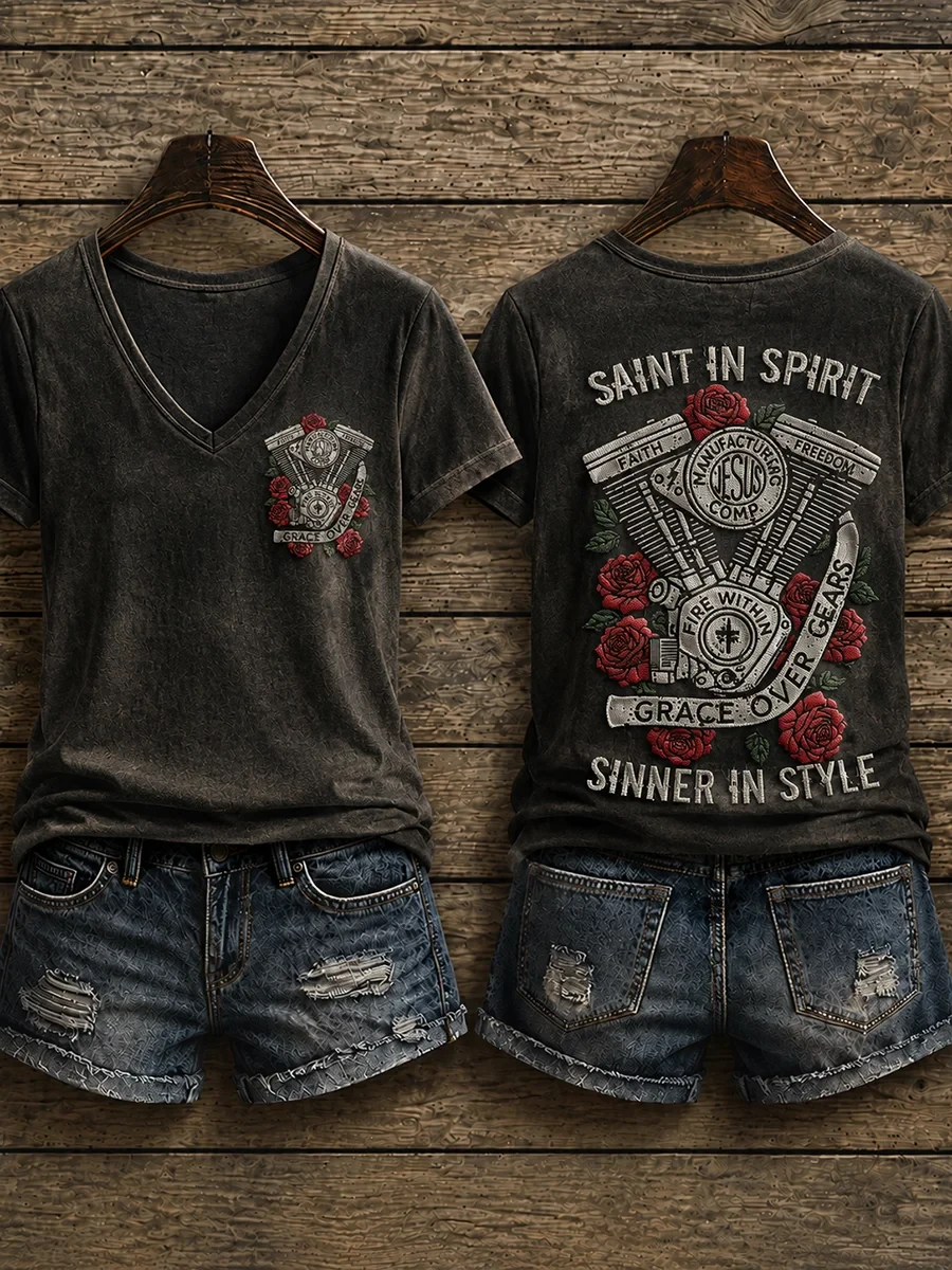 Christian Motorcycle Biker V-Neck Shirt Saint In Spirit Sinner In Style Faith Based Apparel - Kdjoy