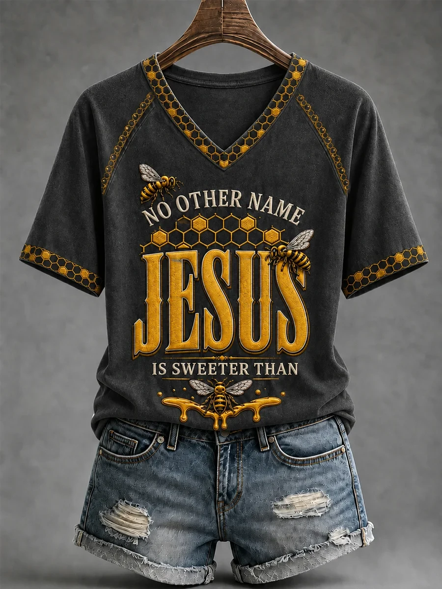 Christian No Other Name Jesus Is Sweeter Than V-Neck Shirt Honeycomb Shirt Faith Gifts - Kdjoy
