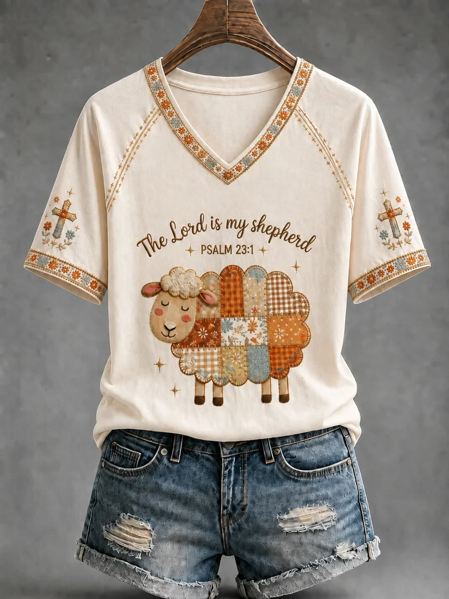Christian The Lord Is My Shepherd V-Neck Shirt Women's Faith Based Apparel Mom Gift - Kdjoy