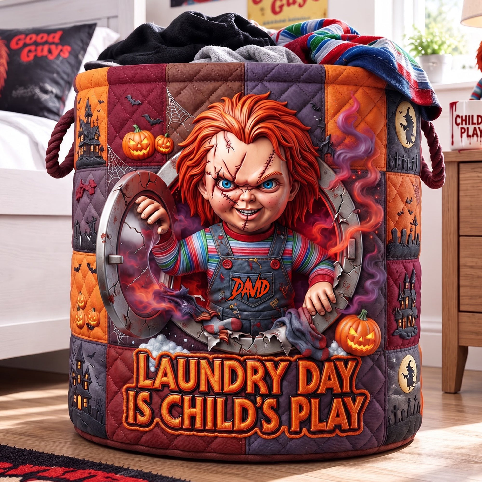 Chucky Creepy Doll Quilted Laundry Basket Halloween Home Decor Gift For Horror Lovers - Kdjoy Chucky Creepy Doll Quilted Laundry Basket Halloween Home Decor Gift For Horror Lovers - Kdjoy