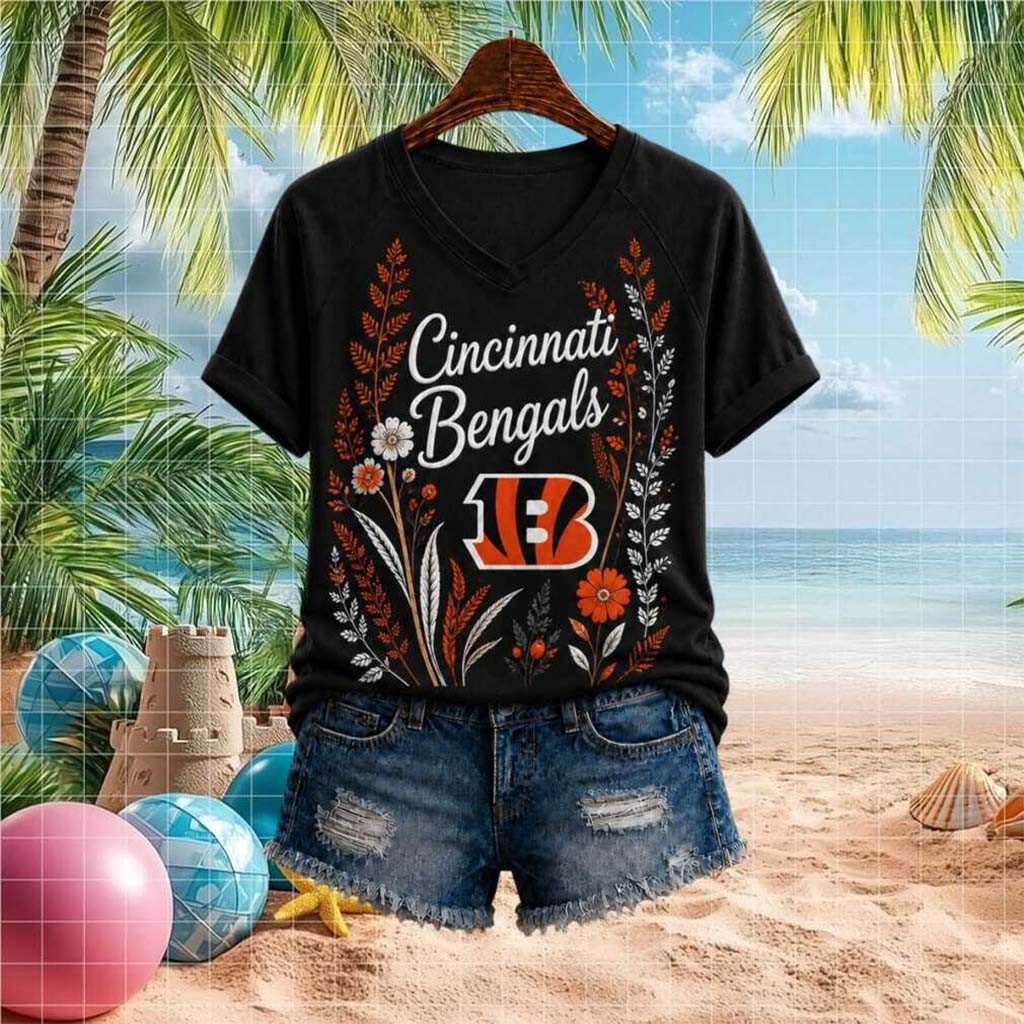 Cincinnati Bengals Floral Boho Football Team V-Neck Shirt Cincinnati Bengals Merch Fan Gifts - Kdjoy