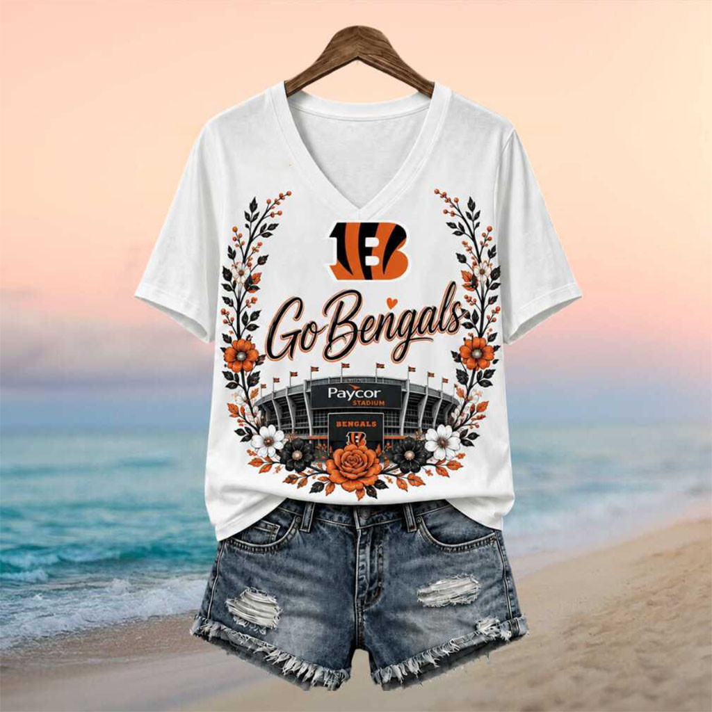 Cincinnati Bengals Floral Wreath Stadium Logo V-Neck Shirt Bengals Merch Football Fan Gear - Kdjoy