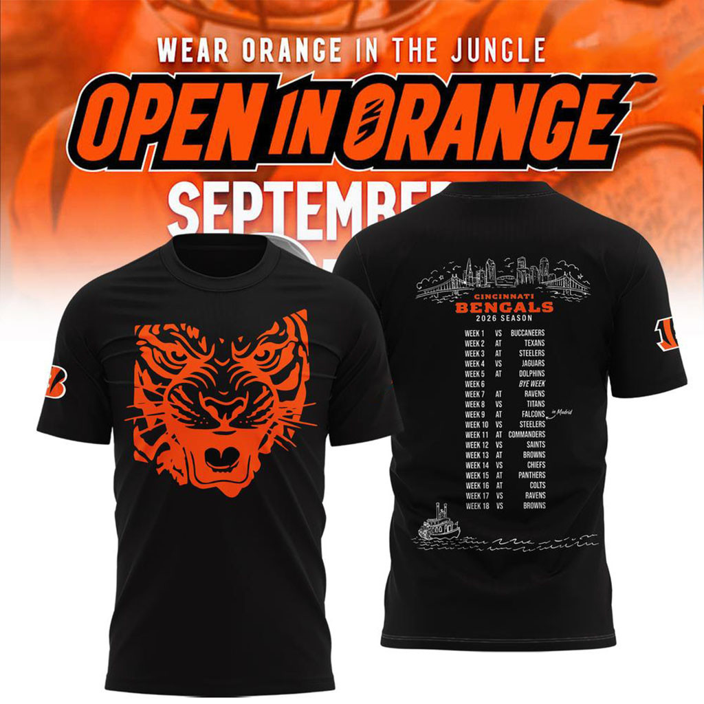 Cincinnati Bengals Merch Open In Orange 2026 Schedule T-Shirt Black Football Fan Apparel - Kdjoy