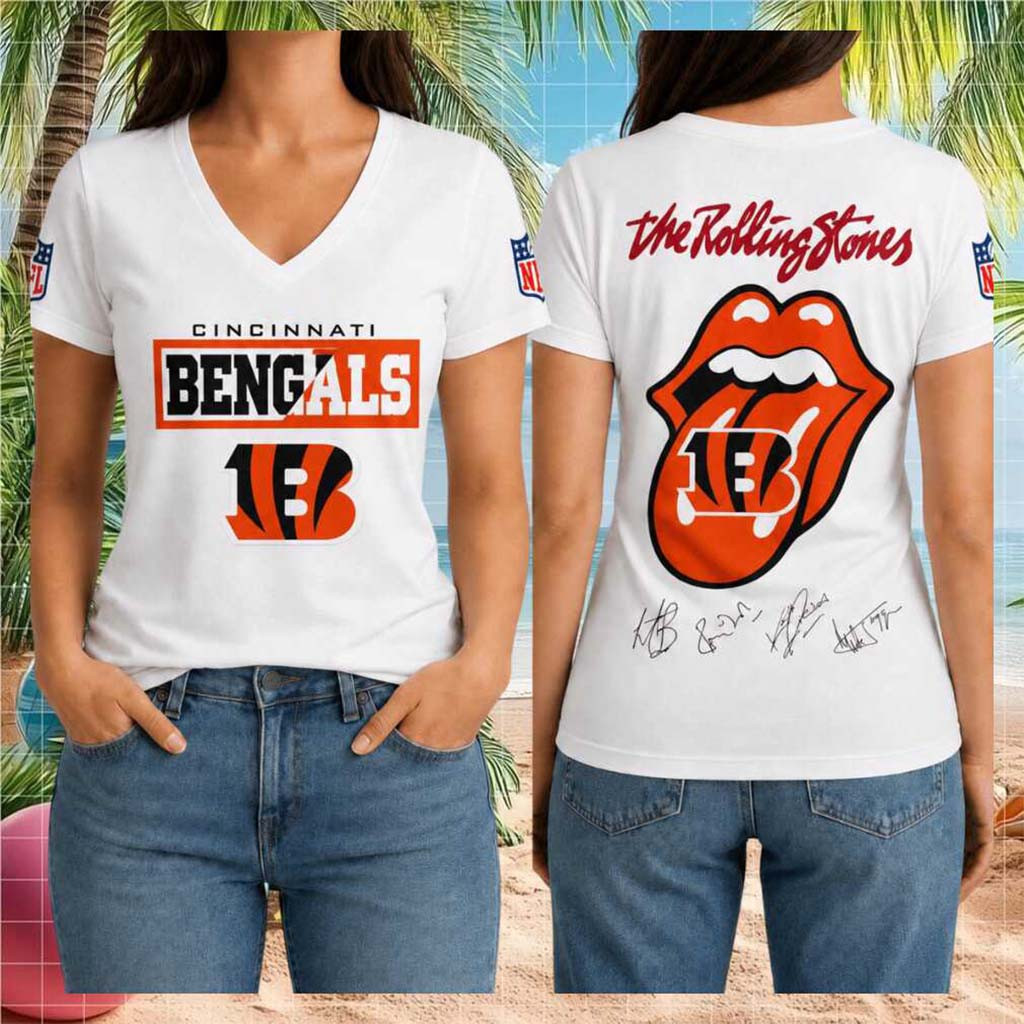 Cincinnati Bengals Rolling Stones Logo Band V-Neck Shirt Cincinnati Bengals Merch Fan Clothing - Kdjoy
