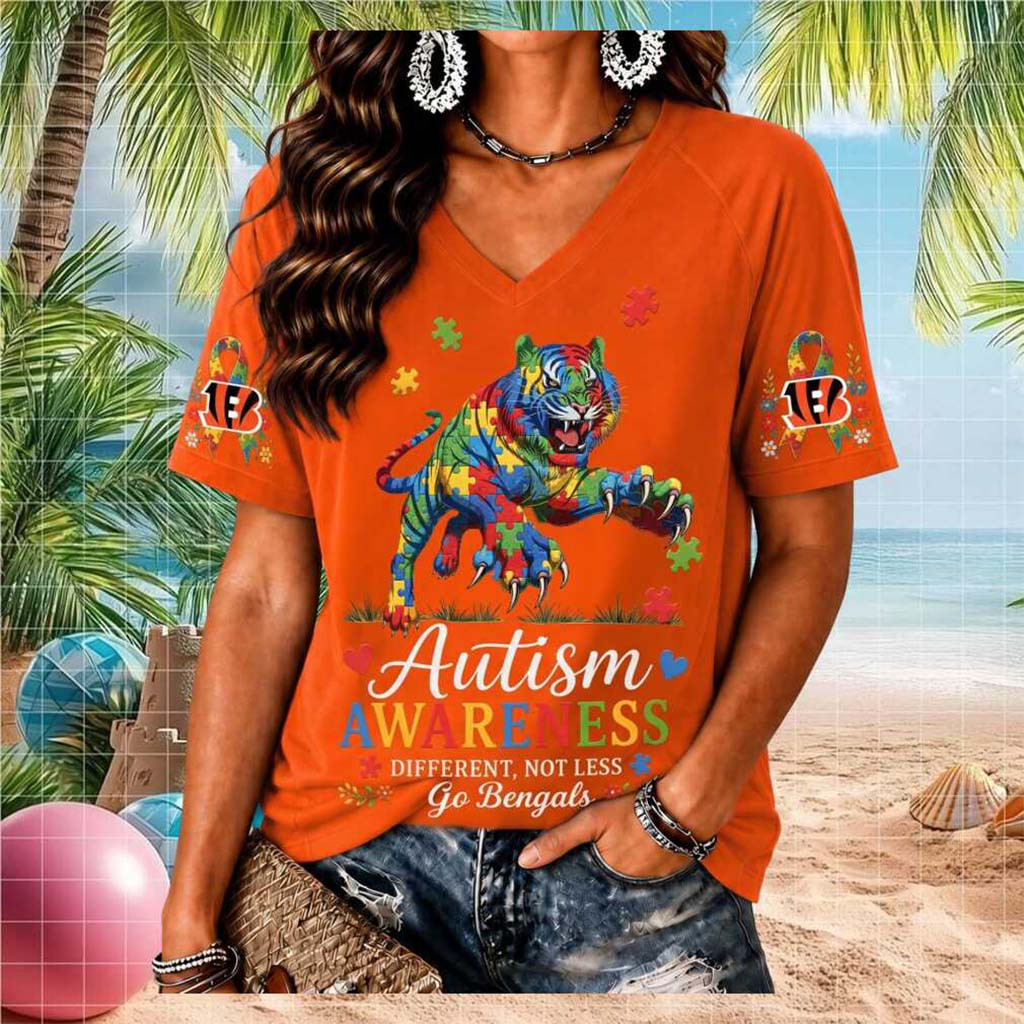 Cincinnati Bengals Tiger Autism Awareness Puzzle V-Neck Shirt Cincinnati Bengals Merch Women's - Kdjoy