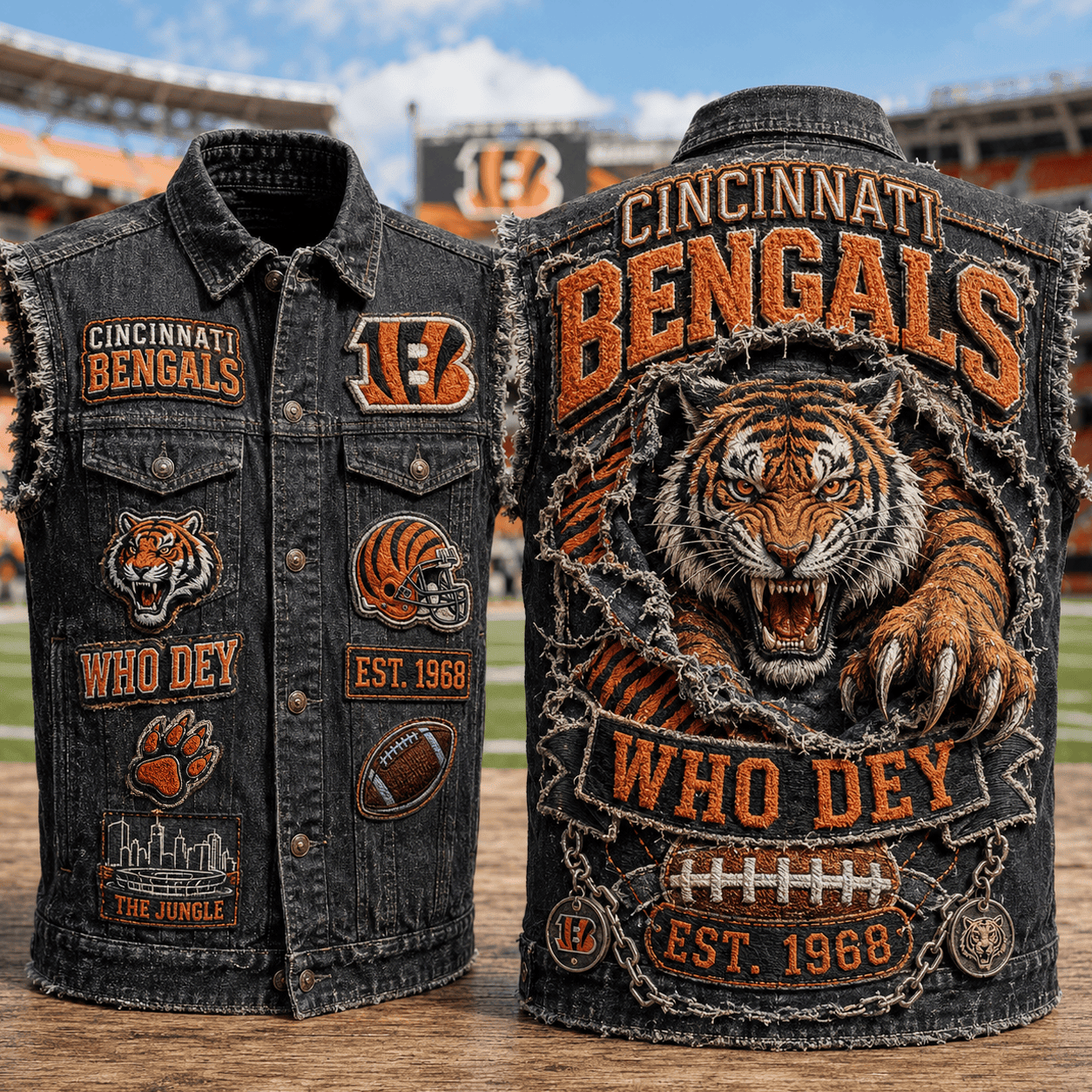 Cincinnati Bengals Who Dey Est 1968 Denim Vest Bengals Merch Football Fan Gift Ideas - Kdjoy Cincinnati Bengals Who Dey Est 1968 Denim Vest Bengals Merch Football Fan Gift Ideas - Kdjoy