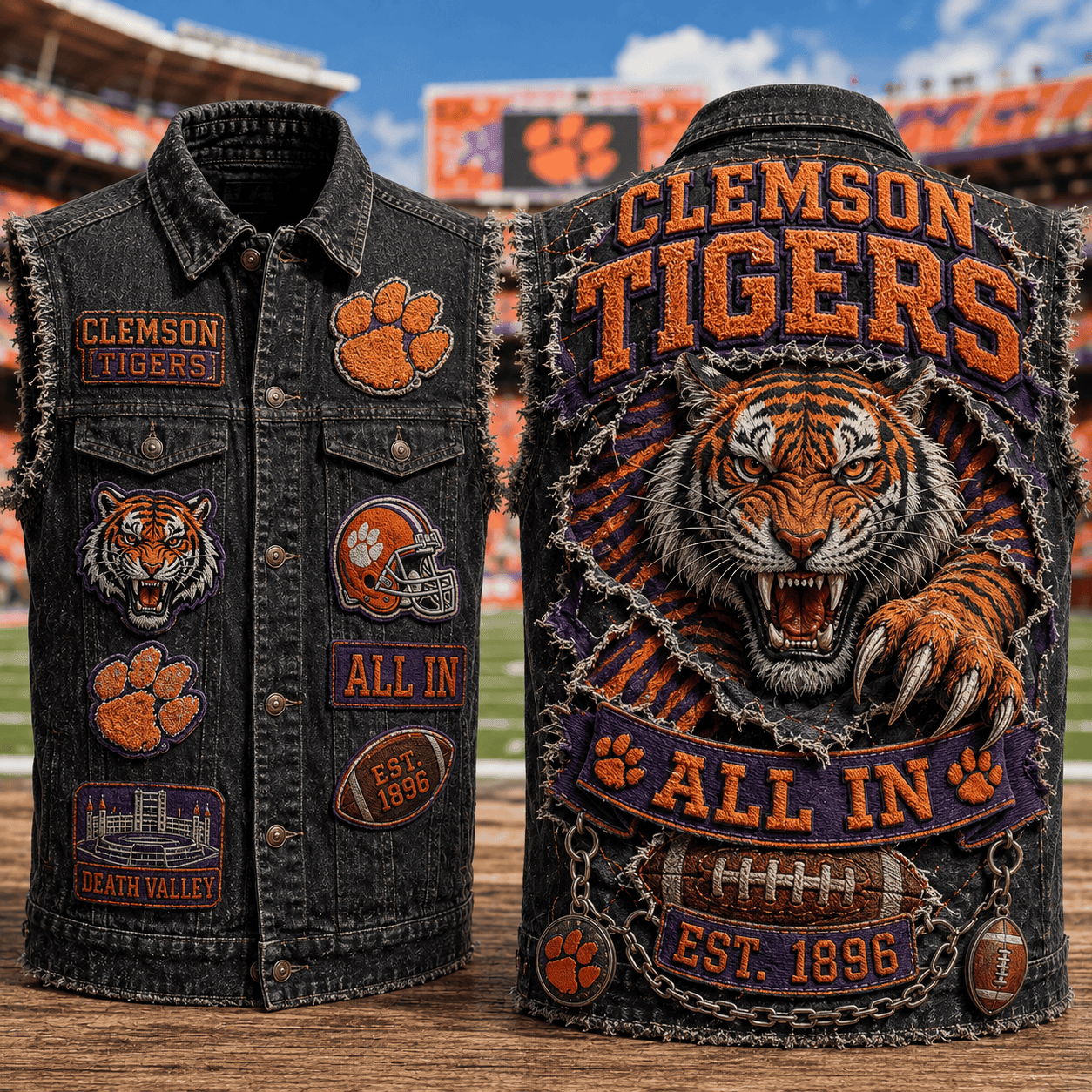 Clemson Tigers All In Denim Vest Est 1896 Clemson Tigers Merch Gift For Football Fans - Kdjoy
