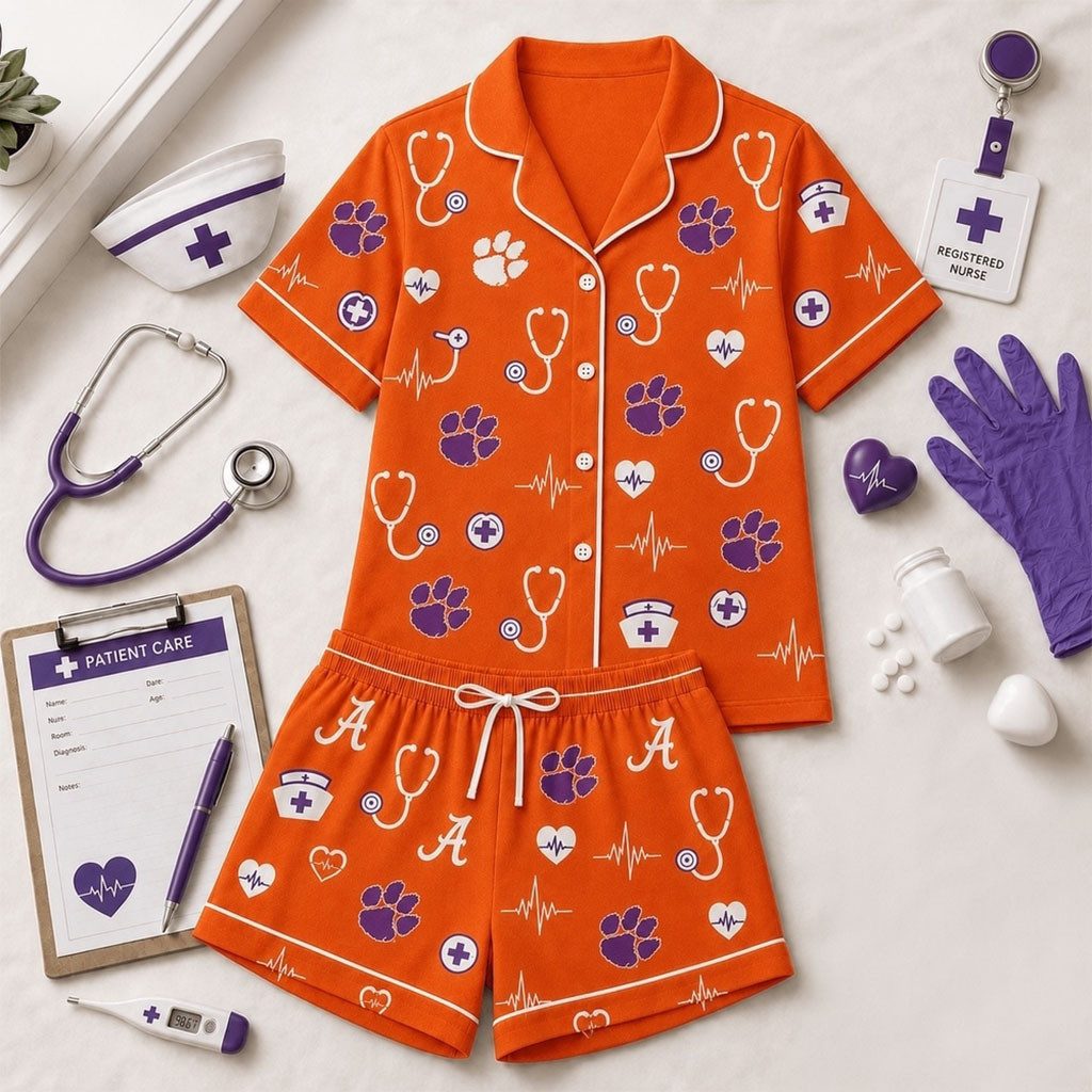 Clemson Tigers Heartbeats And Home Teams Short Sleeve Pajamas Set Clemson Tigers Merch Women - Kdjoy