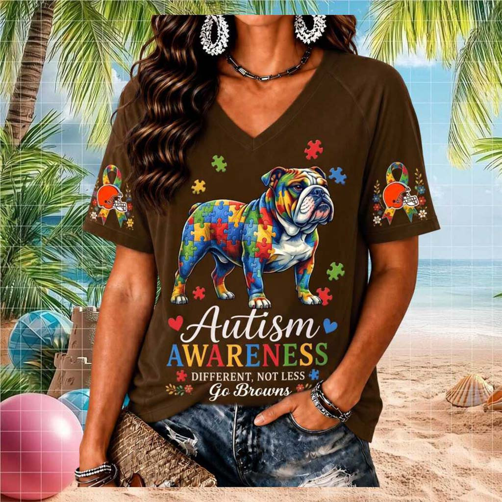 Cleveland Browns Bulldog Autism Awareness Different Not Less V-Neck Shirt Browns Merch - Kdjoy