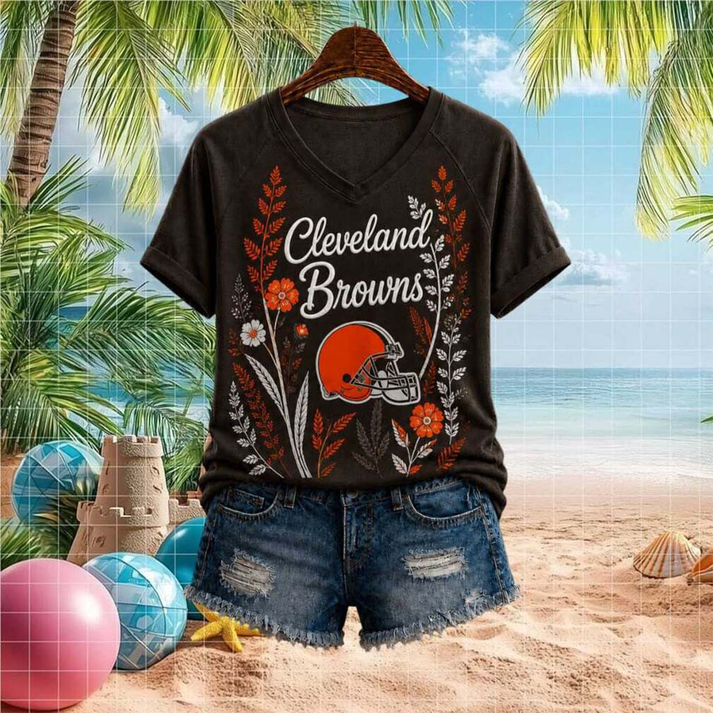 Cleveland Browns Helmet Floral Art Football V-Neck Shirt Cleveland Browns Merch Gift For Her - Kdjoy