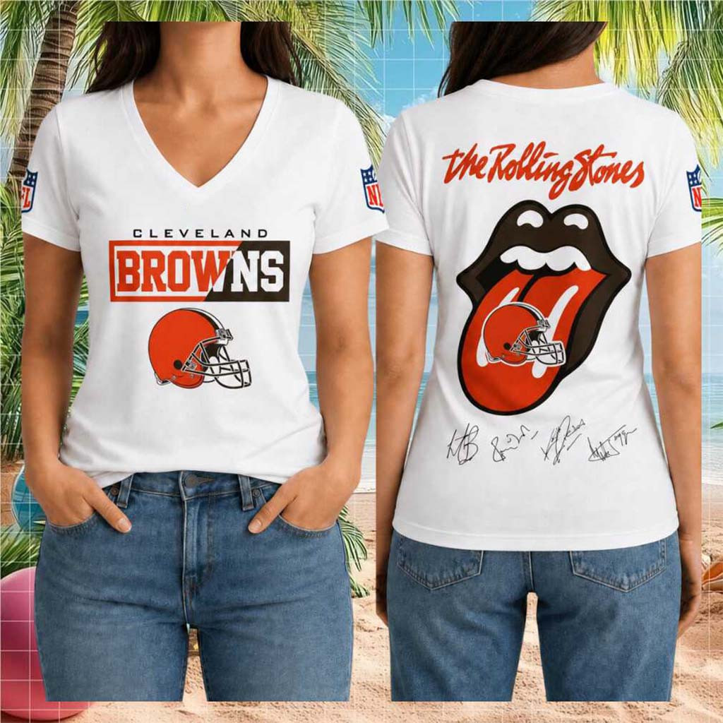 Cleveland Browns Rolling Stones Logo Helmet Signature V-Neck Shirt Cleveland Browns Merch - Kdjoy