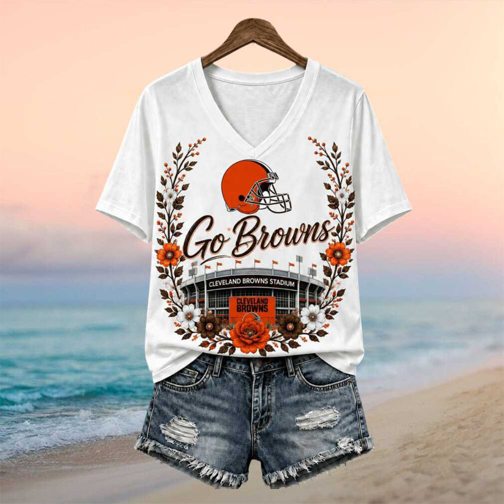Cleveland Browns Stadium Floral Wreath Go Browns Football V-Neck Shirt Cleveland Football Merch - Kdjoy