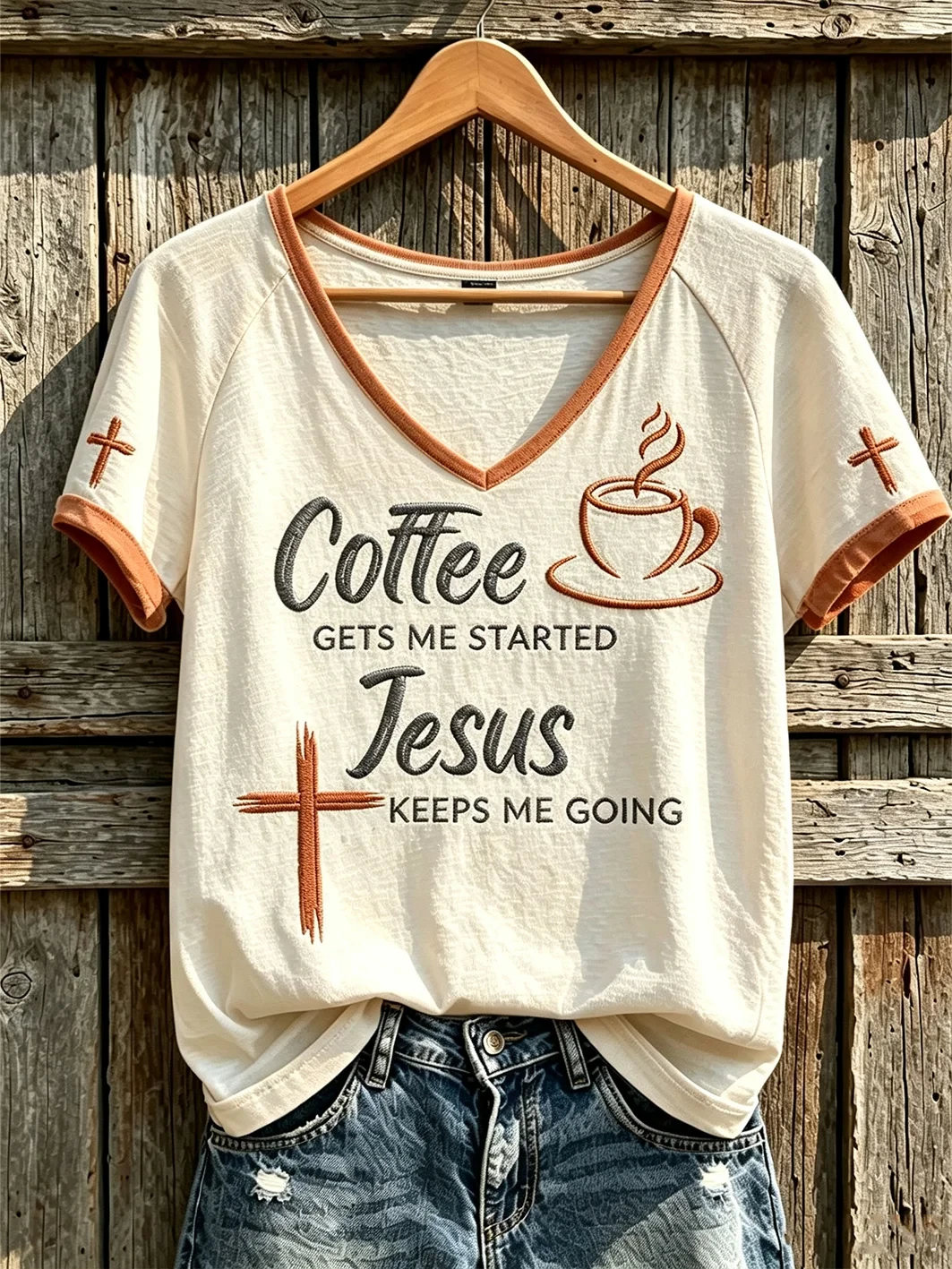 Coffee Gets Me Started Jesus Keeps Me Going V-Neck Shirt Fun Slogan Clothing Christian Gifts - Kdjoy