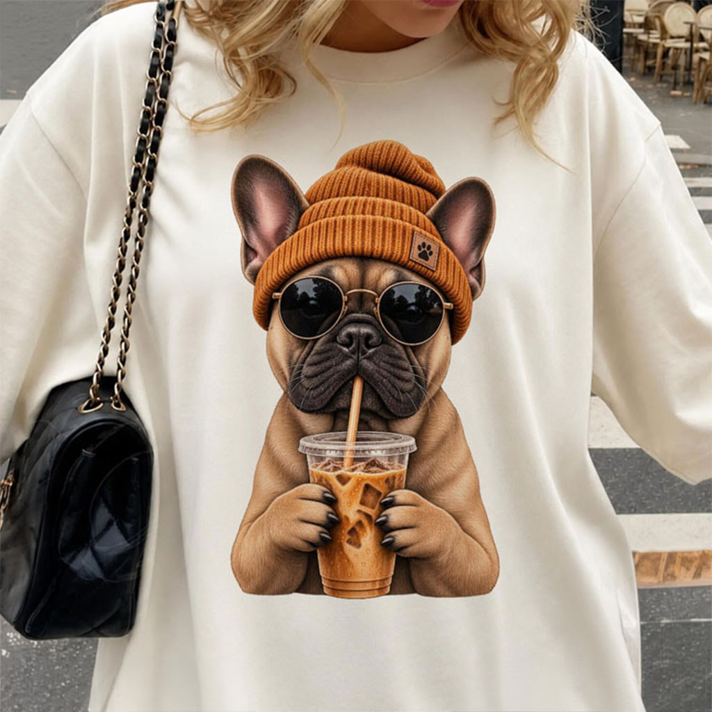 Cool French Bulldog Wearing Beanie Drinking Iced Coffee T-Shirt Cute Anime Shirt Gift For Her - Kdjoy