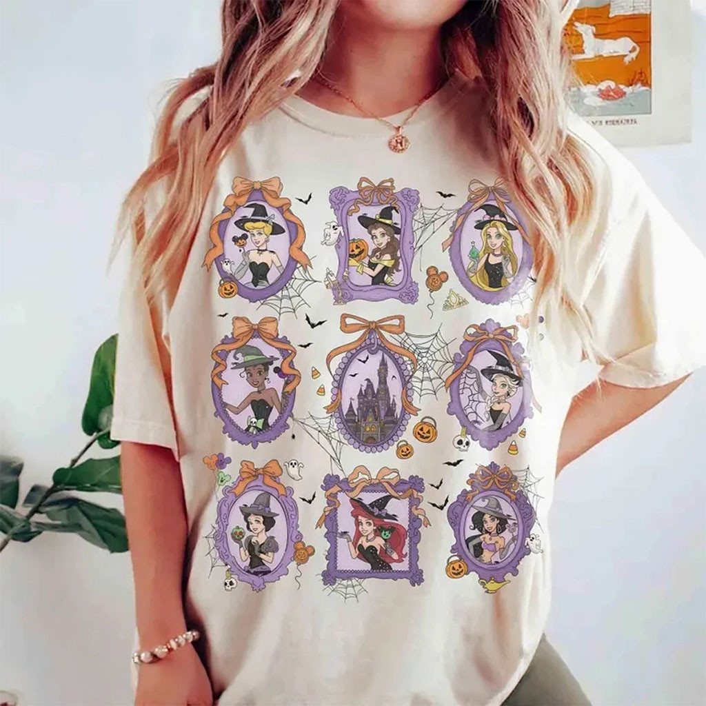 Coquette Bow D Princess Halloween Shirt Belle Elsa Tiana Cinderella Witches Tee Halloween Gifts - Kdjoy