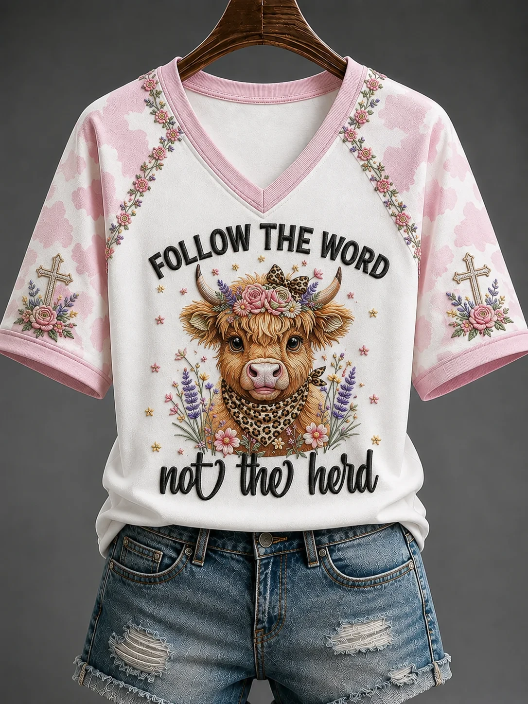 Cow Follow The Word Not The Herd V-Neck Shirt Cute Floral Faith Outfits Biblical Gifts For Hers - Kdjoy