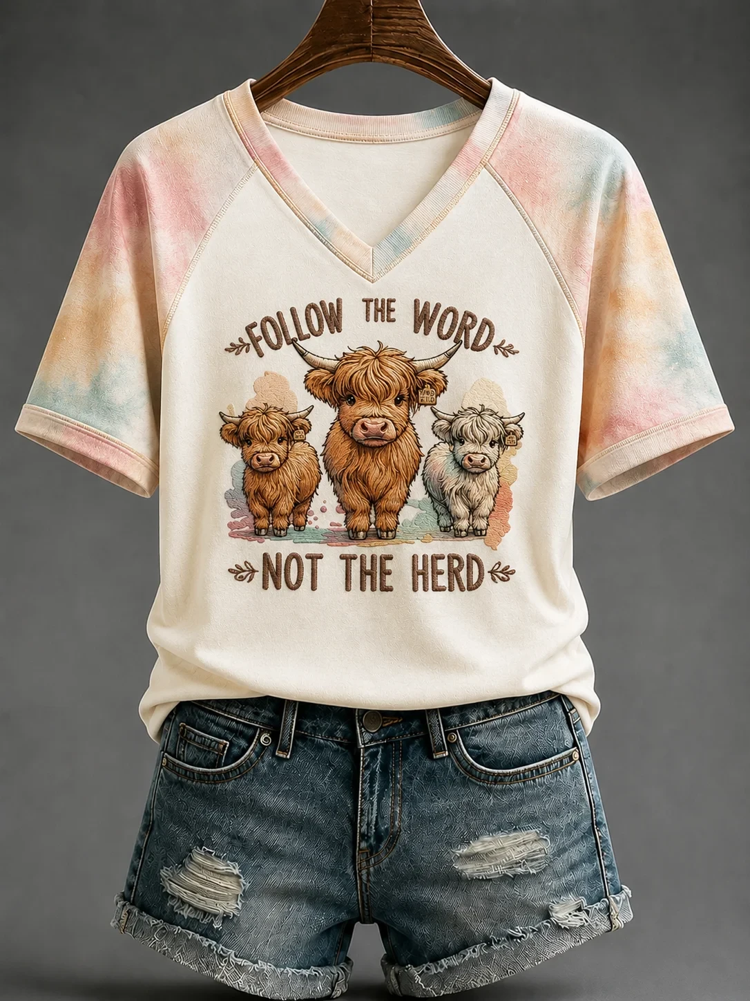 Cow Follow The Word Not The Herd V-Neck Shirt Faith Outfits Biblical Gifts For Women - Kdjoy Cow Follow The Word Not The Herd V-Neck Shirt Faith Outfits Biblical Gifts For Women - Kdjoy