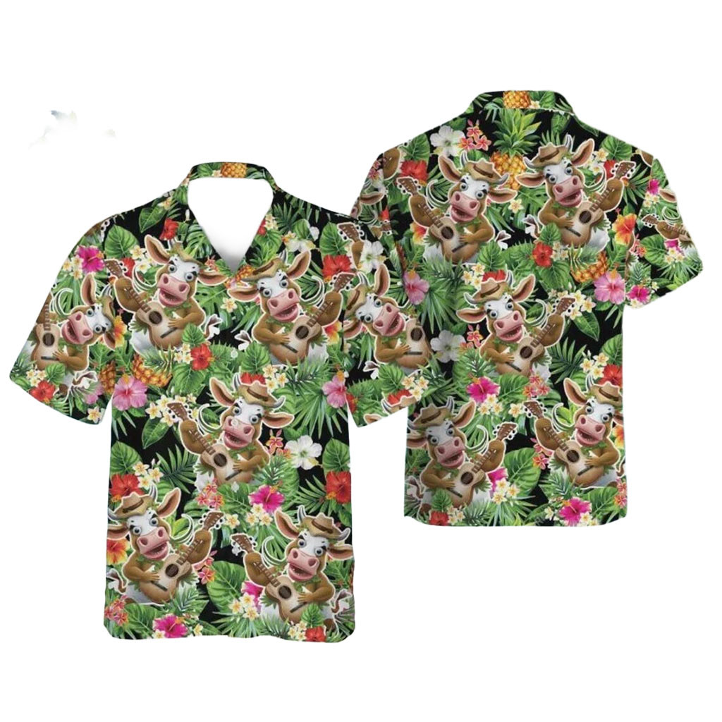 Cow Playing Guitar Hawaiian Shirt Tropical Themed Summer Aloha Shirt Gift For Cow Lovers