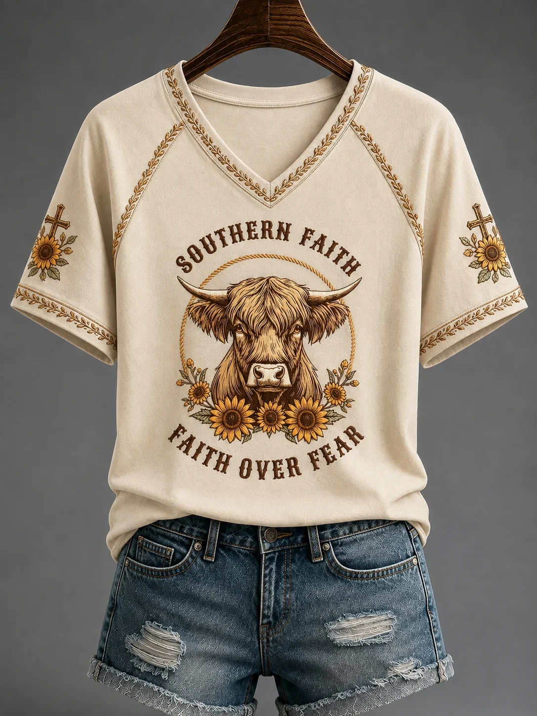 Cow Southern Faith Over Fear V-Neck Shirt Active Faith Gear Gifts For Religious - Kdjoy Cow Southern Faith Over Fear V-Neck Shirt Active Faith Gear Gifts For Religious - Kdjoy