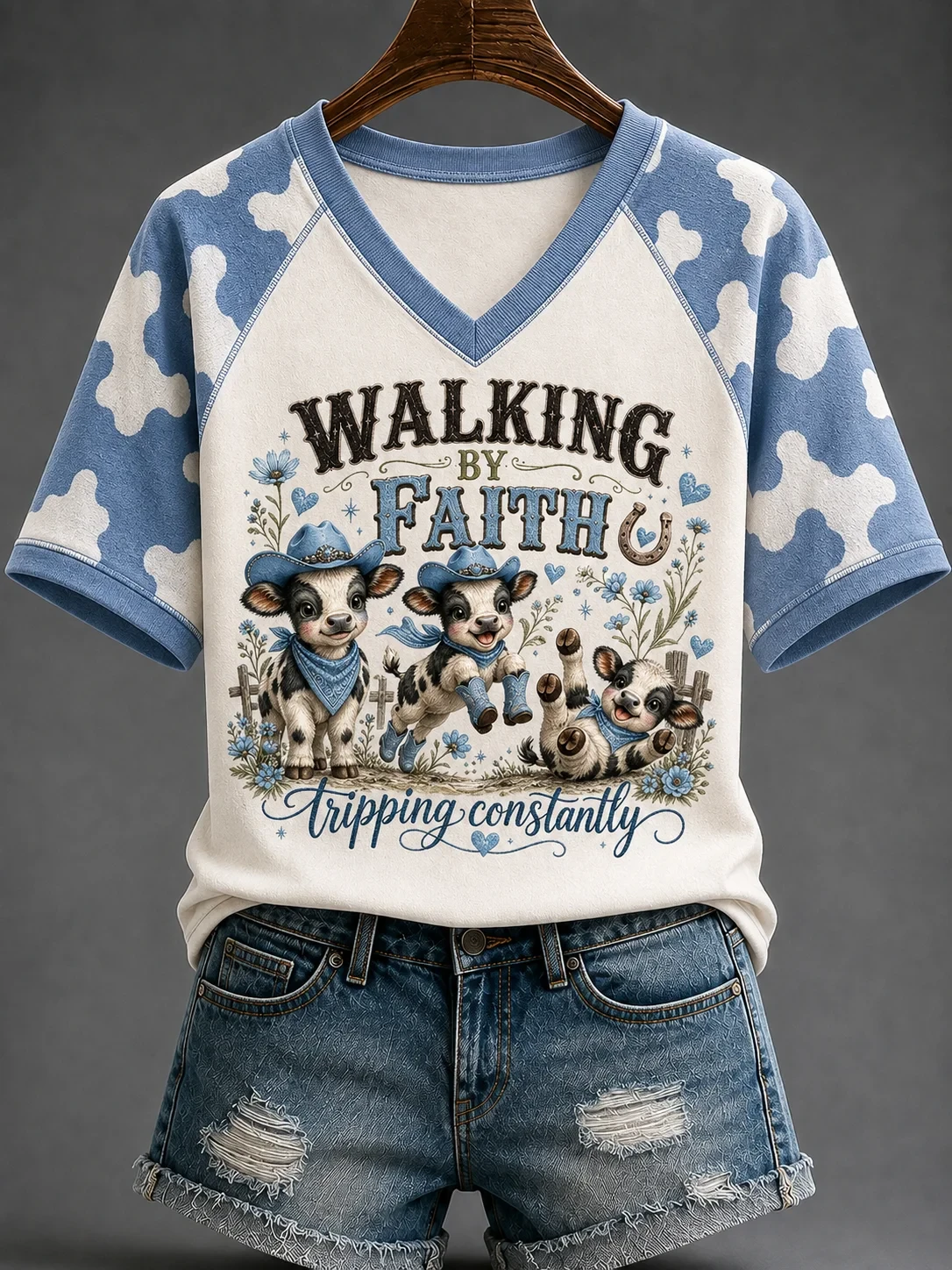 Cow Walking By Faith Tripping Constantly V-Neck Shirt Cute Christian Outfits Gift For Sisters - Kdjoy