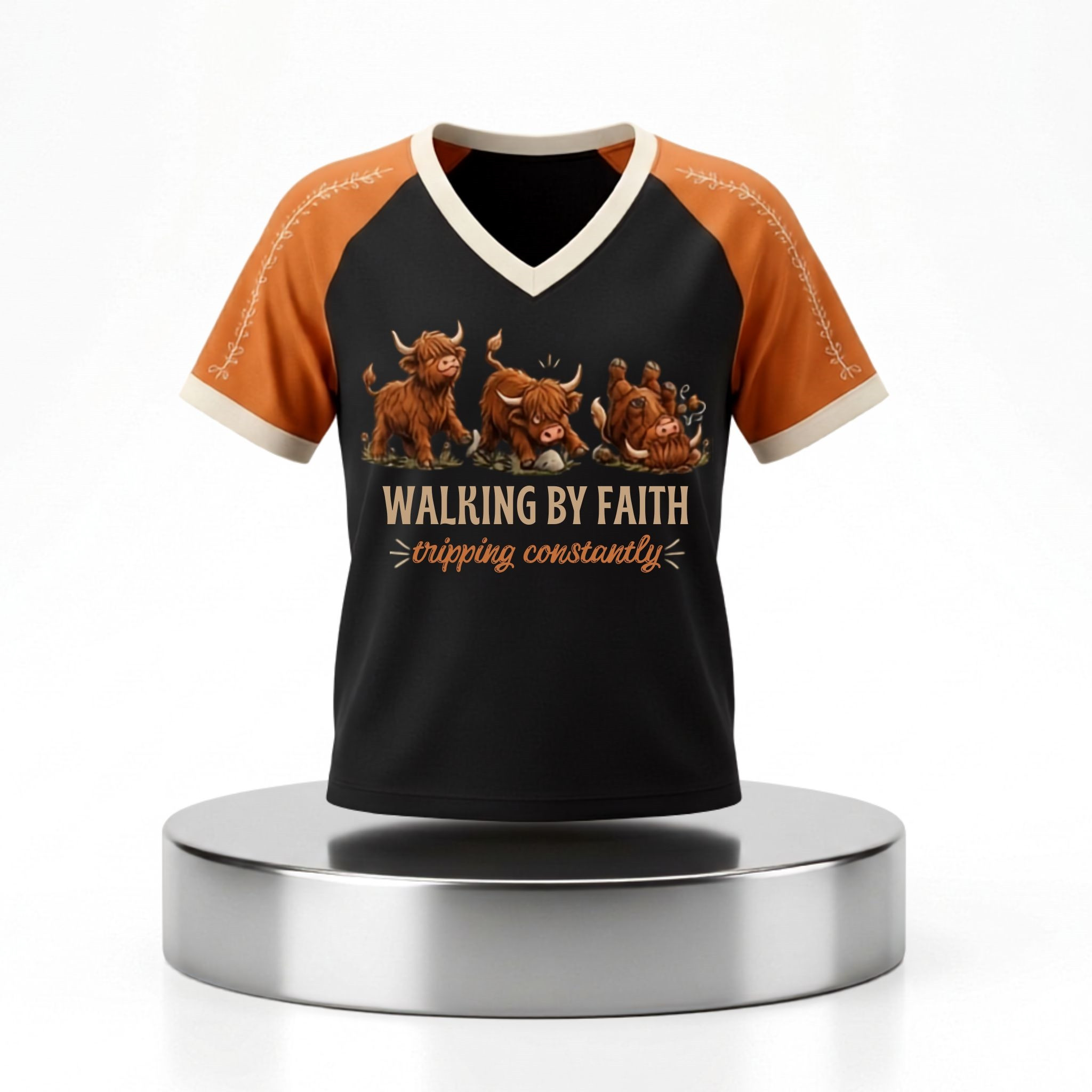 Cow Walking By Faith Tripping Constantly V-Neck Shirt Funny Christian Apparel Gifts For Her - Kdjoy