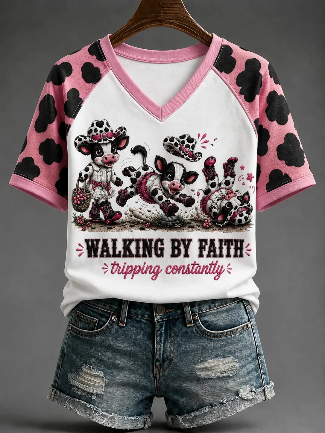 Cow Walking By Faith Tripping Constantly V-Neck Shirt Pink Kawaii Animal Shirt Christian Gifts - Kdjoy Cow Walking By Faith Tripping Constantly V-Neck Shirt Pink Kawaii Animal Shirt Christian Gifts - Kdjoy
