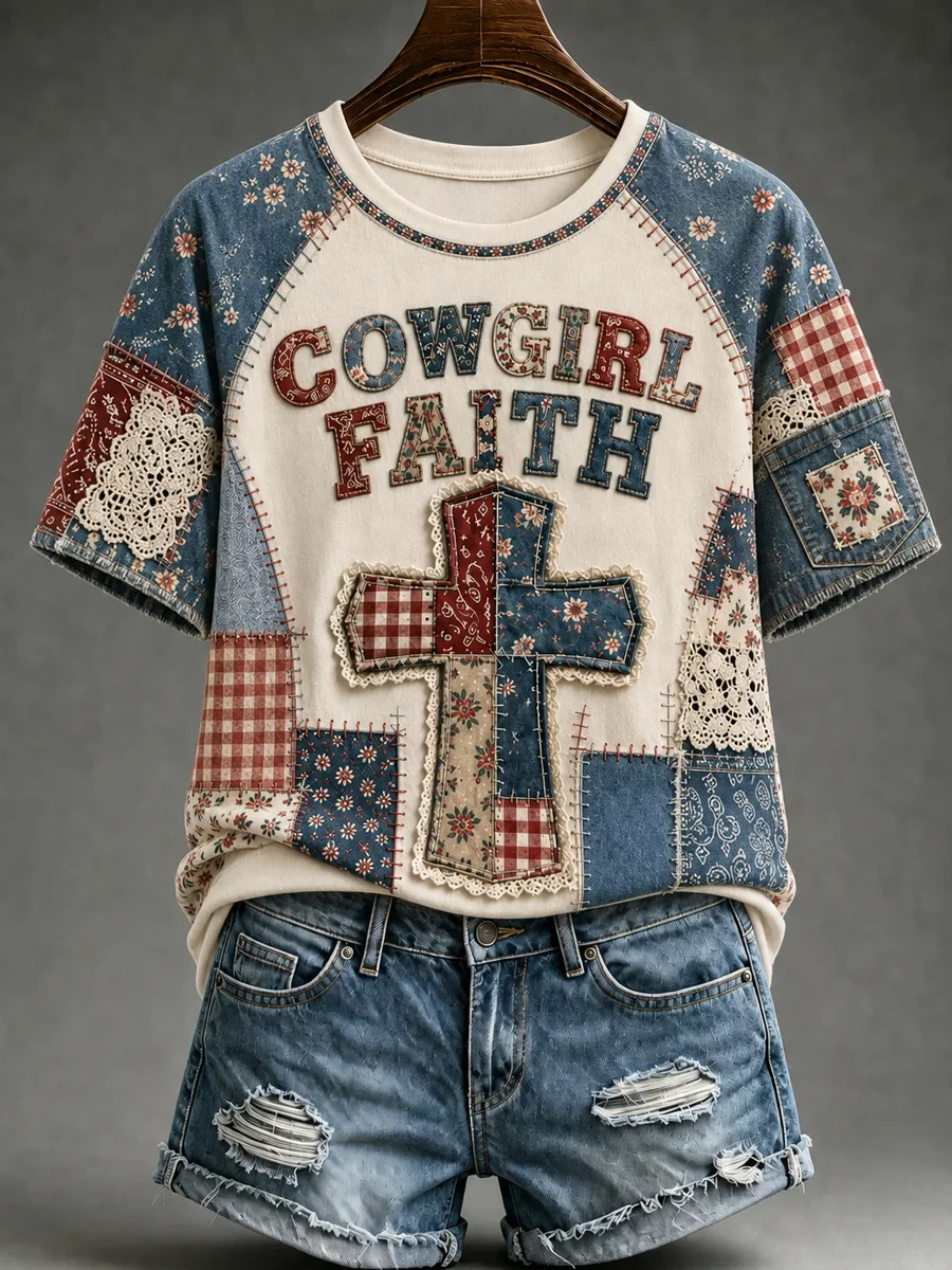 Cowgirl Faith Retro Western Cross Patchwork T-Shirt Christian Presents For Her - Kdjoy