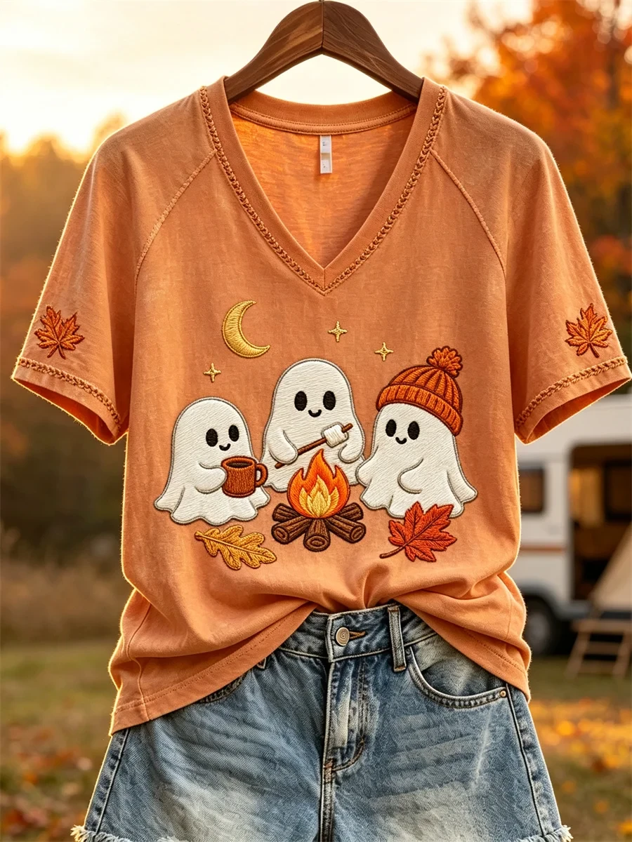 Cozy Campfire Ghosts Fall Camping V-Neck Shirt Cute Halloween Apparel Autumn Gifts - Kdjoy