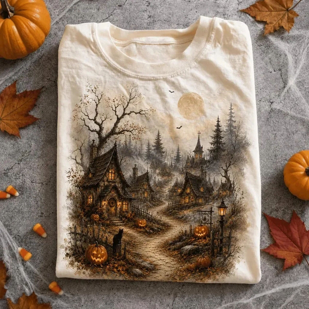 Cozy Haunted Village Halloween Shirt Vintage Pumpkin Moon T-Shirt Fall Witchy Gifts - Kdjoy Cozy Haunted Village Halloween Shirt Vintage Pumpkin Moon T-Shirt Fall Witchy Gifts - Kdjoy