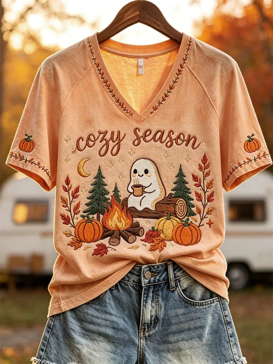Cozy Season Ghost Fall Camping V-Neck Shirt Autumn Clothing Cute Halloween Presents - Kdjoy