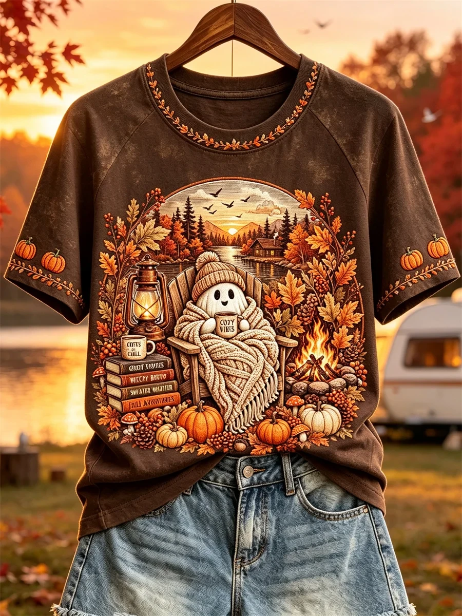 Cozy Vibes Fall Ghost Camping T-Shirt Autumn Halloween Shirt Spooky Gift - Kdjoy