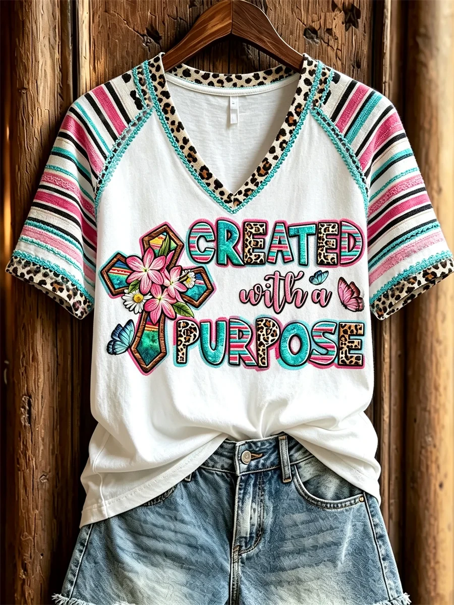 Created With A Purpose Christian Western V-Neck Shirt Religious Gifts For Her - Kdjoy Created With A Purpose Christian Western V-Neck Shirt Religious Gifts For Her - Kdjoy
