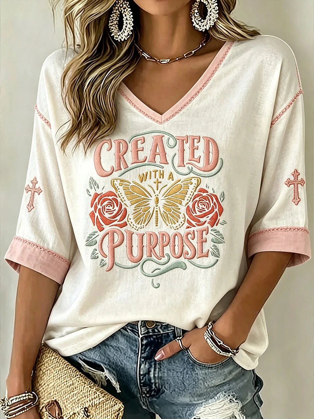 Created With Purpose Cropped Sleeve V-Neck Shirt Christian Clothing Gift - Kdjoy Created With Purpose Cropped Sleeve V-Neck Shirt Christian Clothing Gift - Kdjoy