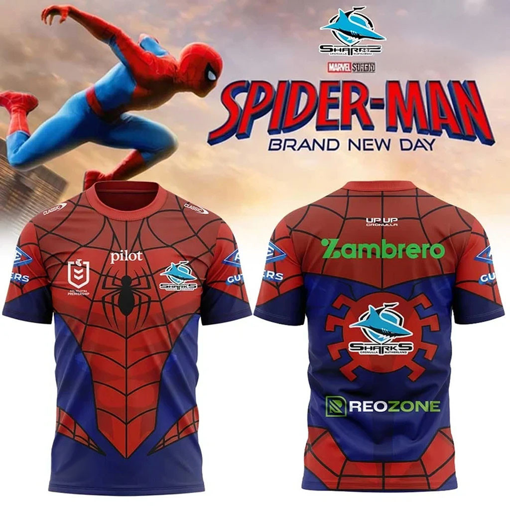 Cronulla Sharks X Spider-Man Brand New Day 2026 T-Shirt Cronulla Sharks Merch Gift For Fans - Kdjoy Cronulla Sharks X Spider-Man Brand New Day 2026 T-Shirt Cronulla Sharks Merch Gift For Fans - Kdjoy