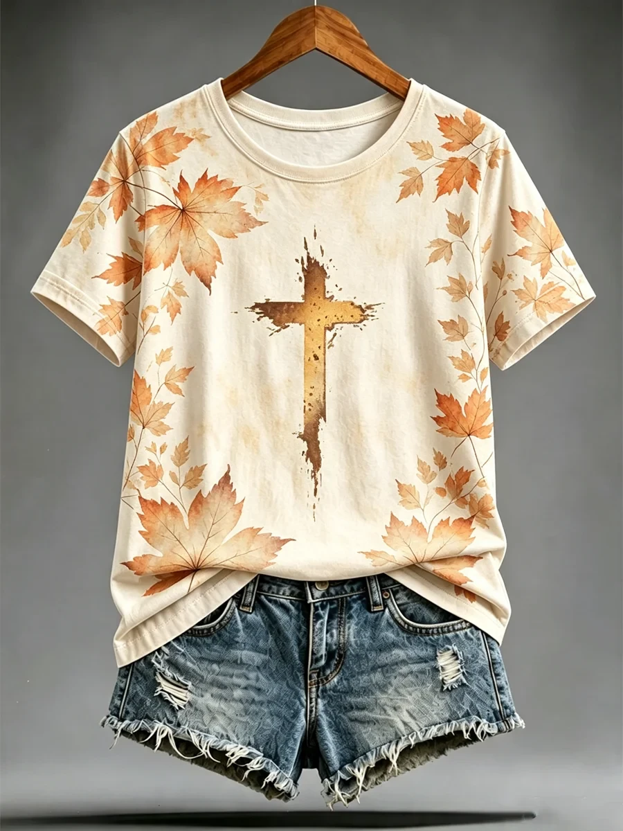 Cross Autumn Leaves T-Shirt Autumn Christian Shirt Outfits For Women - Kdjoy